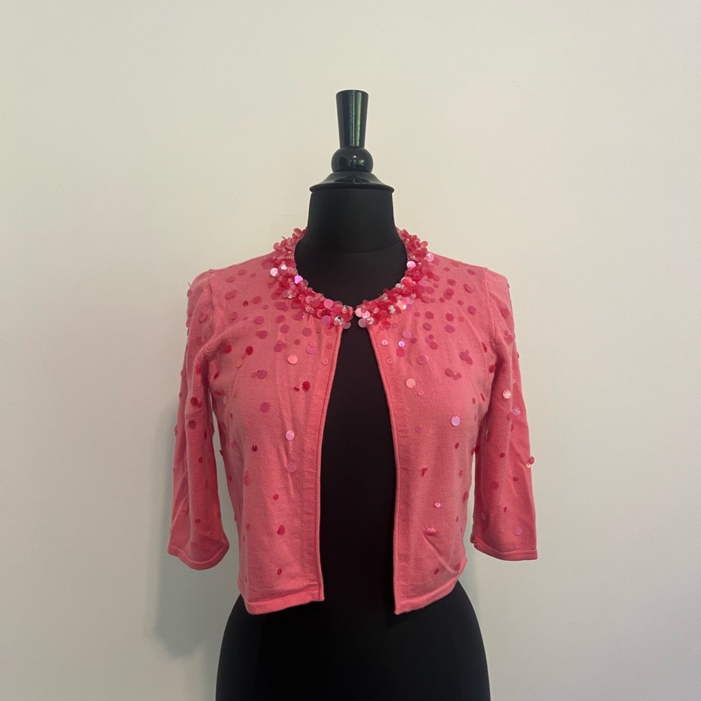 💖 Y2K Dana Buchman Pink Sequin Beaded Cropped Cardigan / Shrug 💖